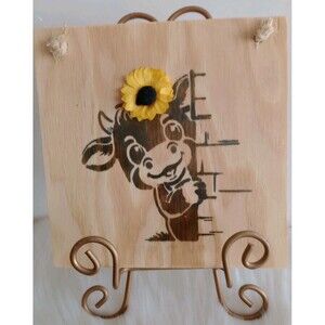 Handmade Cow & Sunflower  Home Decor Wood Burnished 8 1/4 X 8 1/4Wall Hanging